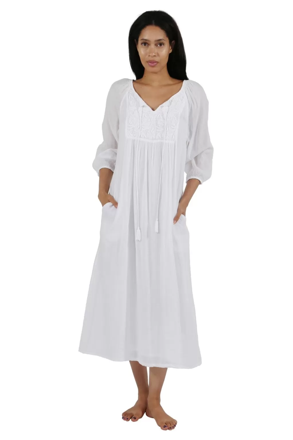 La Cera™ 100% Cotton 3/4 Sleeve Embroidered Gown