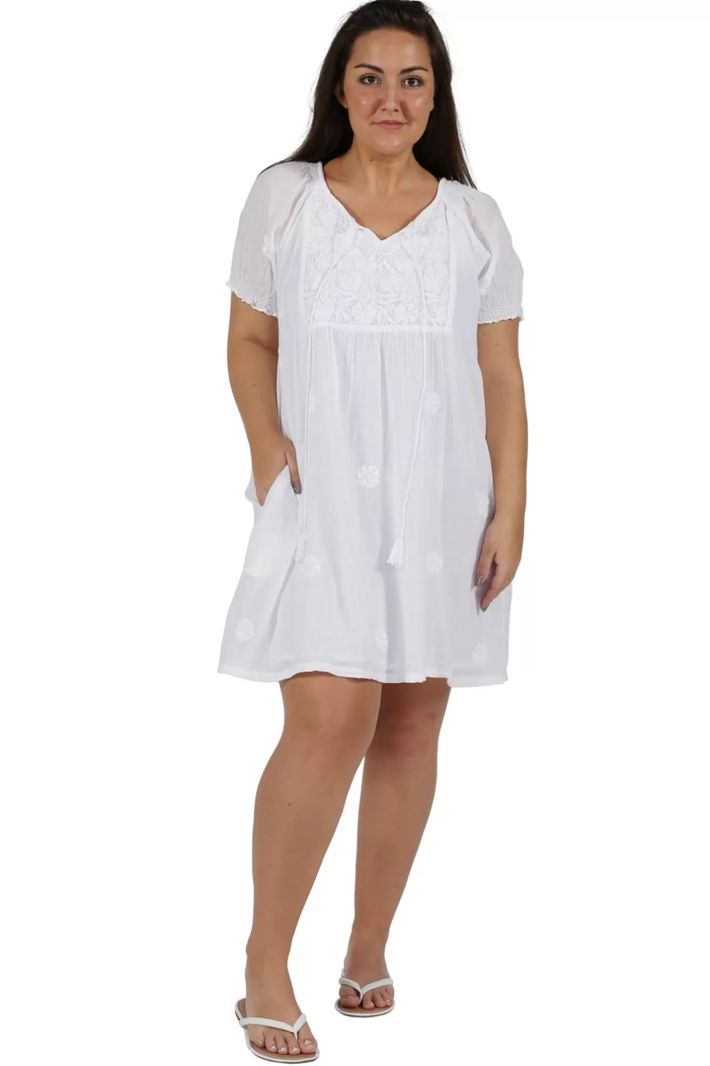 La Cera™ 100% Cotton Plus Size Short Sleeve Embroidered Chemise