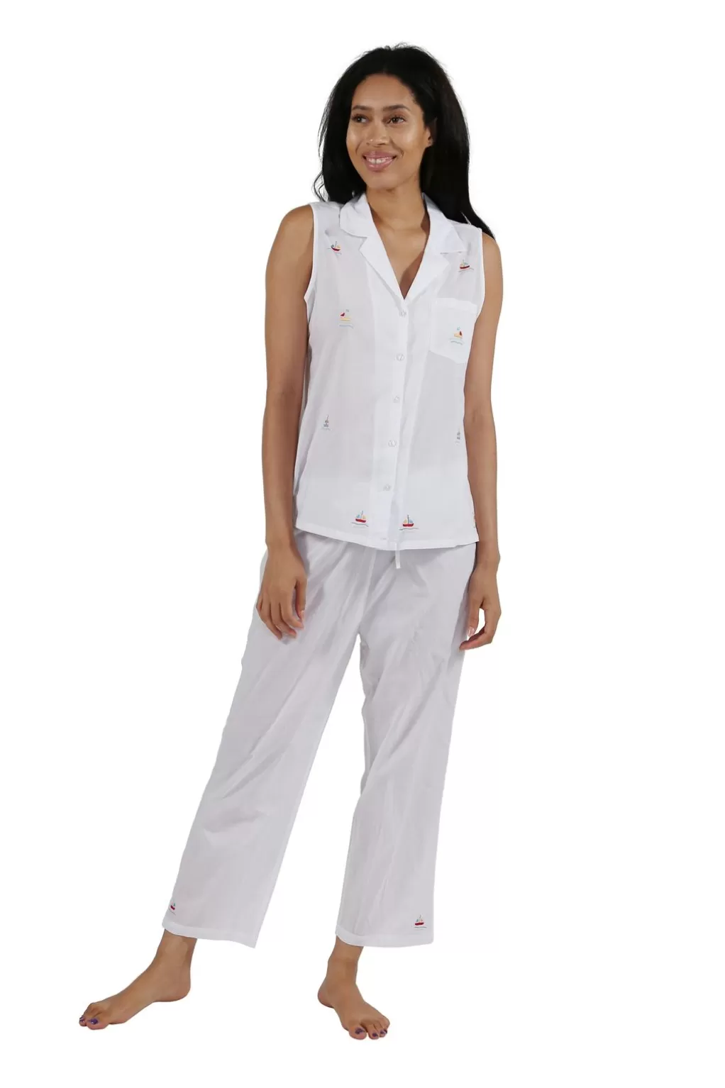 La Cera™ 100% Cotton Sleeveless Embroidered Sailboat Capri Pajama Set