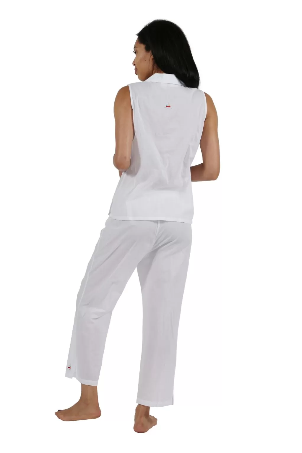 La Cera™ 100% Cotton Sleeveless Embroidered Sailboat Capri Pajama Set
