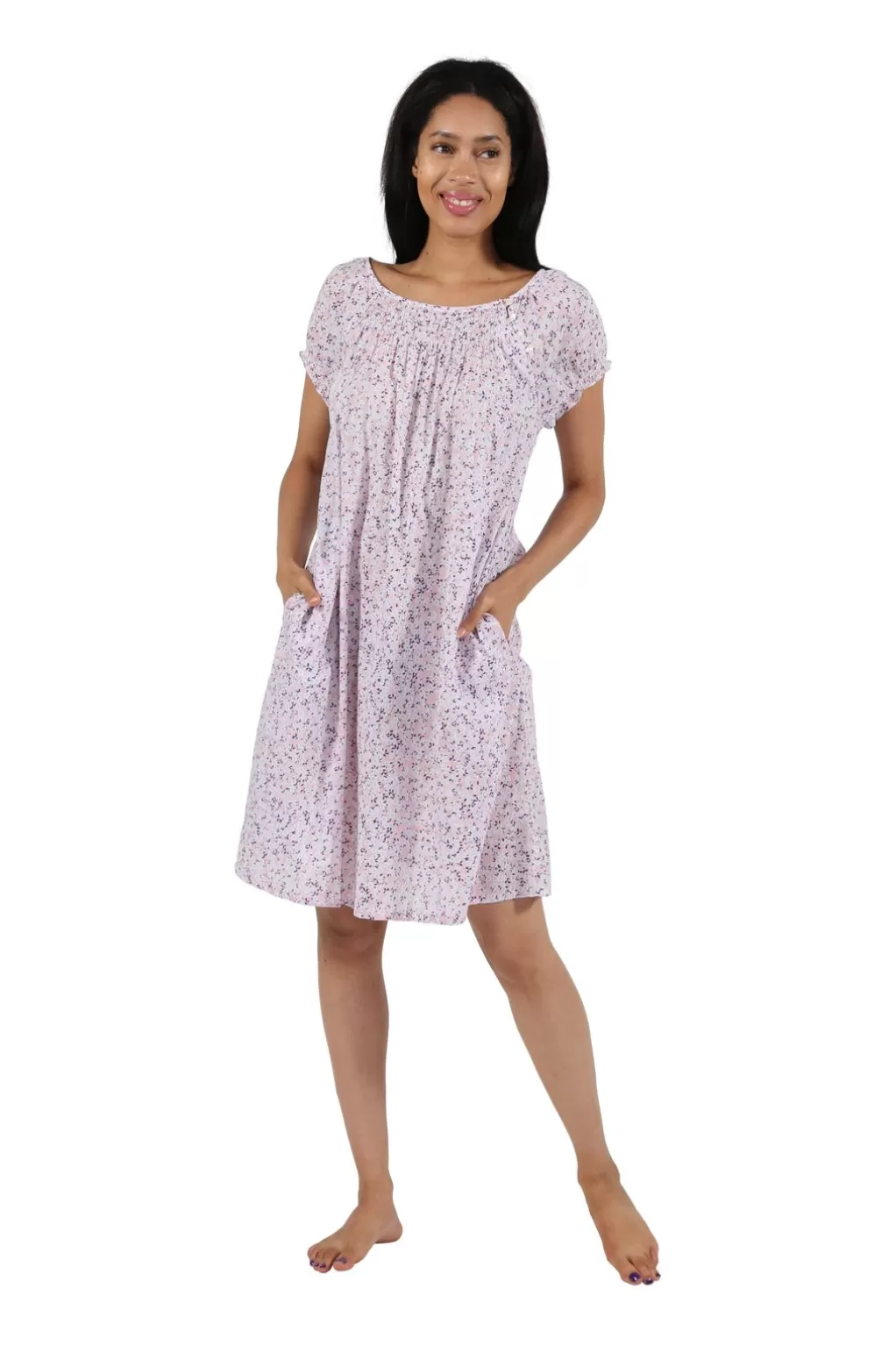 La Cera™ 100% Cotton Smocked Floral Print Chemise