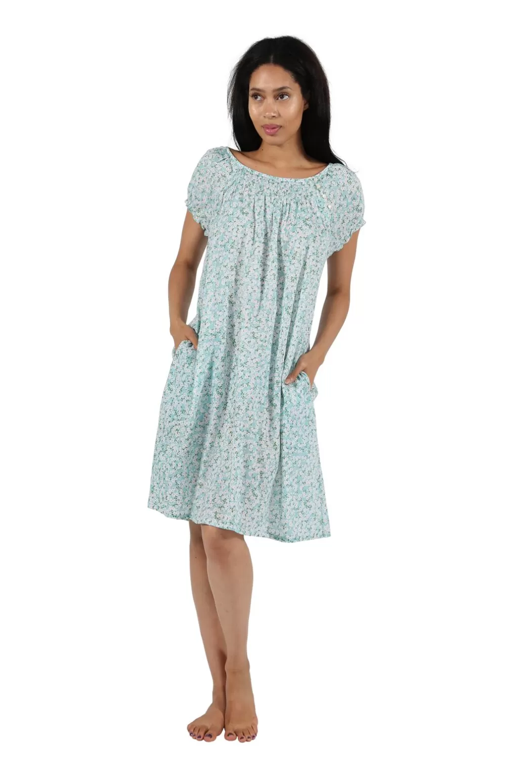 La Cera™ 100% Cotton Smocked Floral Print Chemise