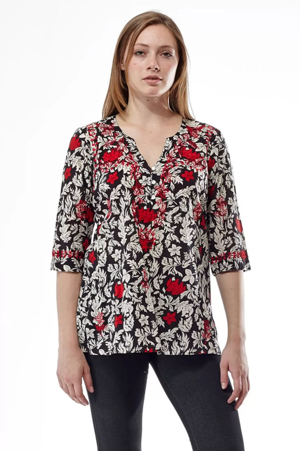 La Cera™ Black And Red Floral Top