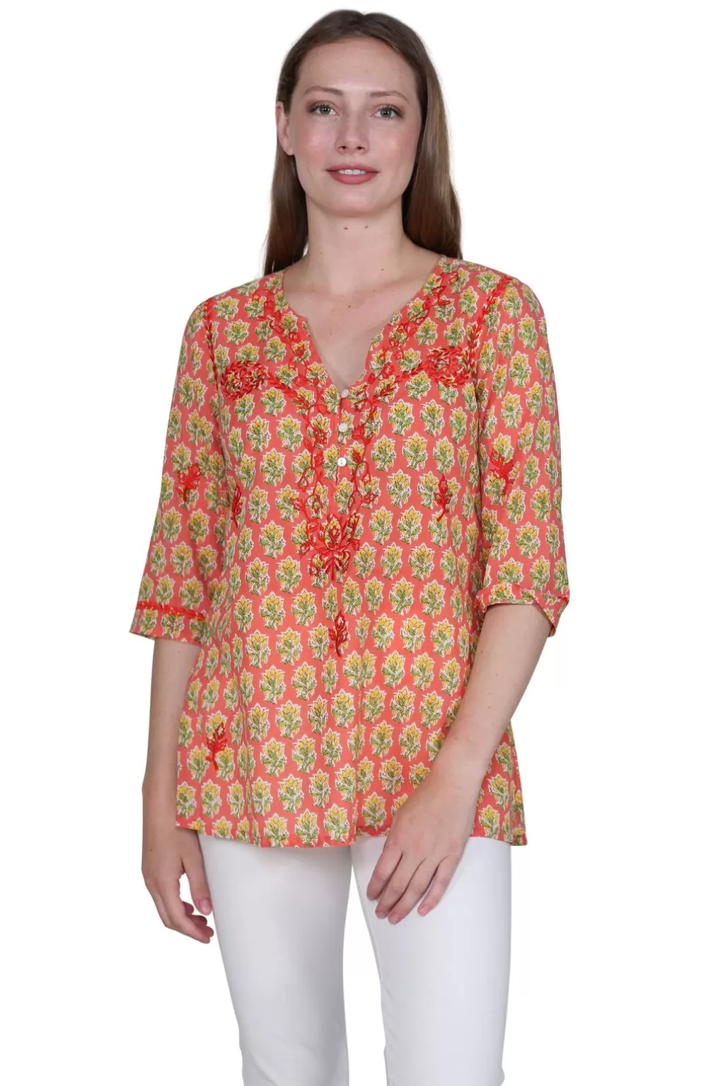 La Cera™ Block Print Tunic With Tonal Embroidery