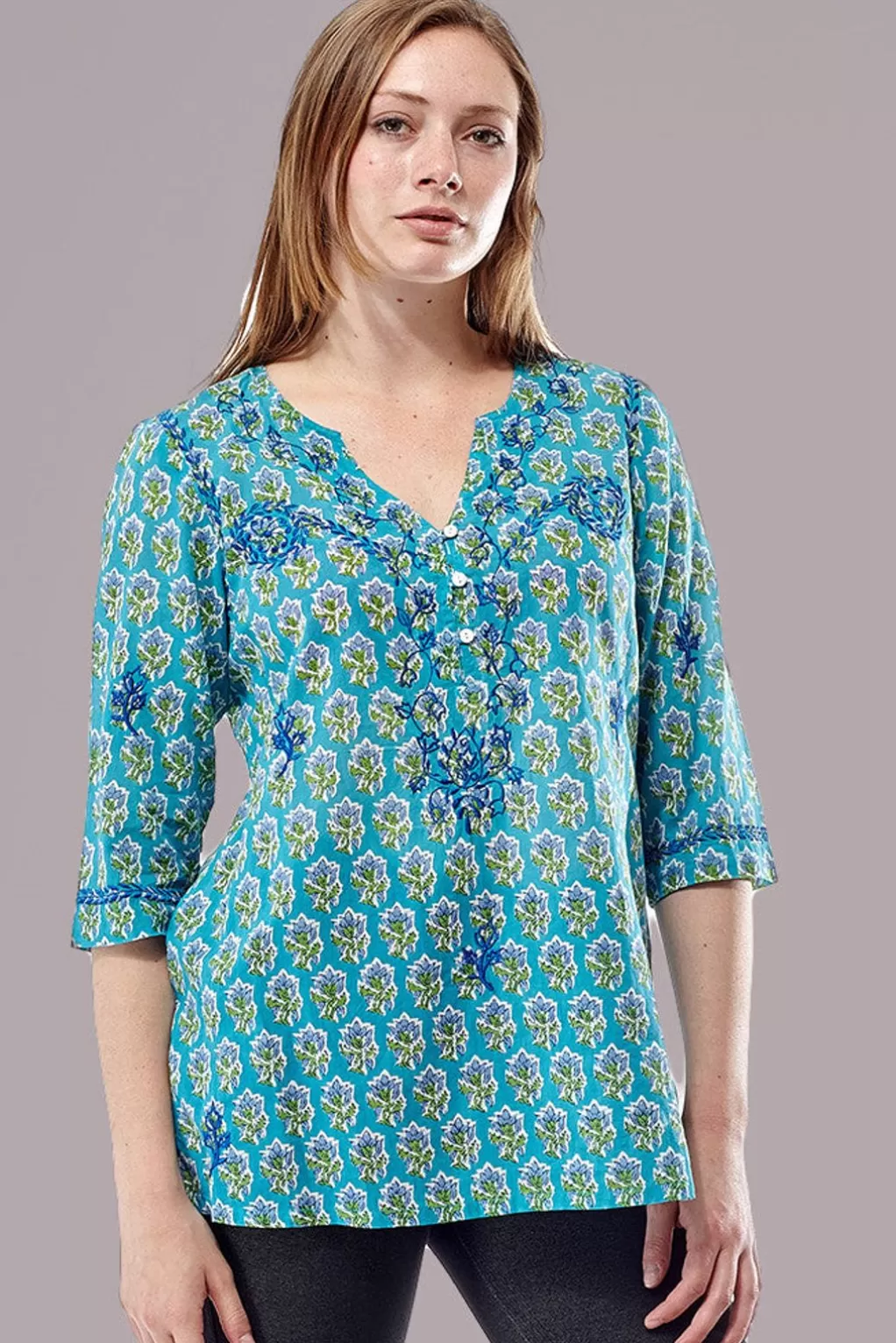 La Cera™ Block Print Tunic With Tonal Embroidery