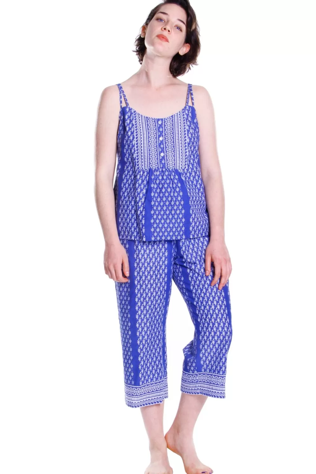 La Cera™ Blue Batik Print Cotton Capri Pajamas