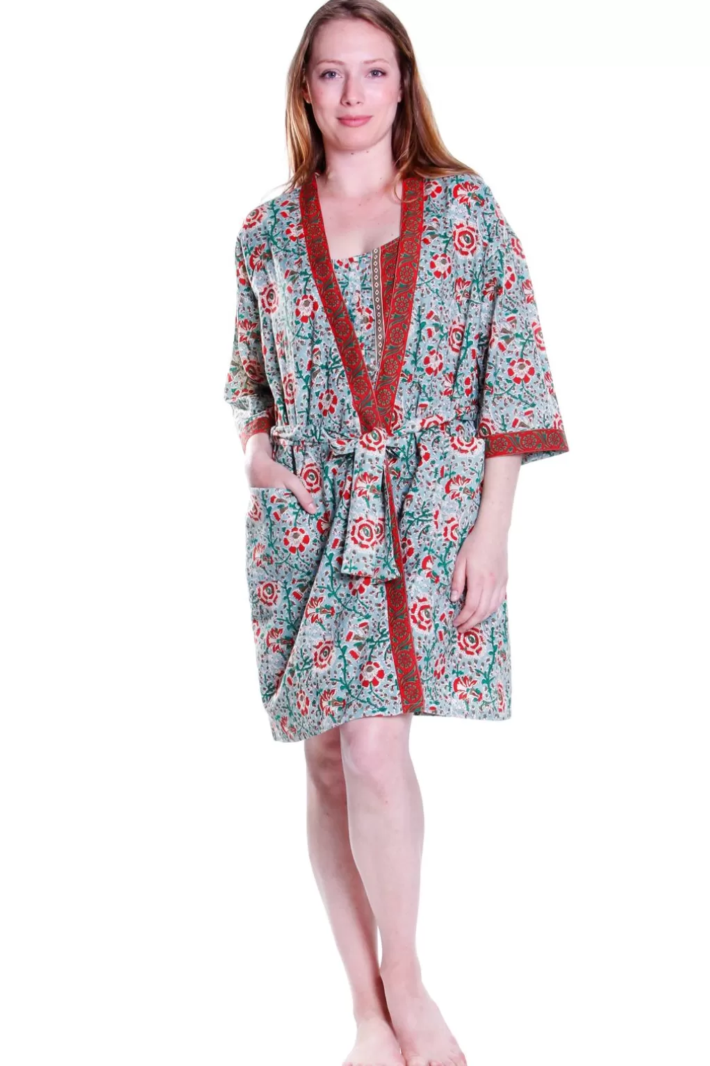 La Cera™ Cotton Celadon/Red Robe