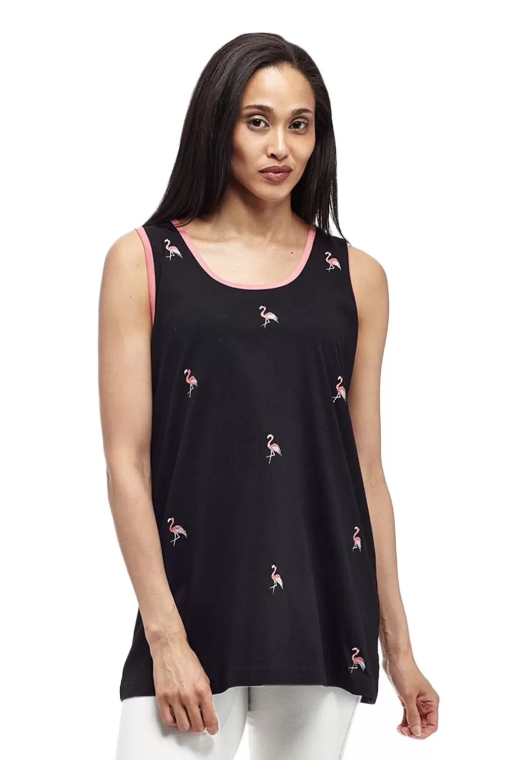 La Cera™ Cotton Knit Tank With Flamingo Embroidery
