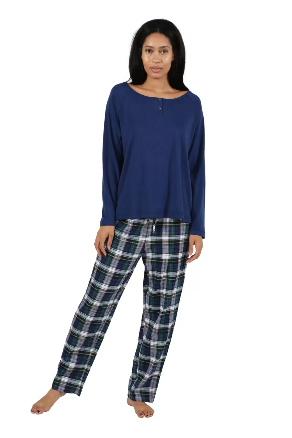 La Cera™ Cotton Knit Top With Flannel Pajama Set