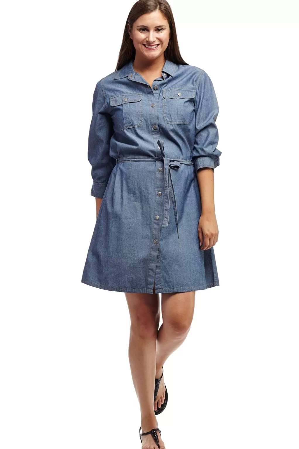 La Cera™ Denim Belted Shirt Dress