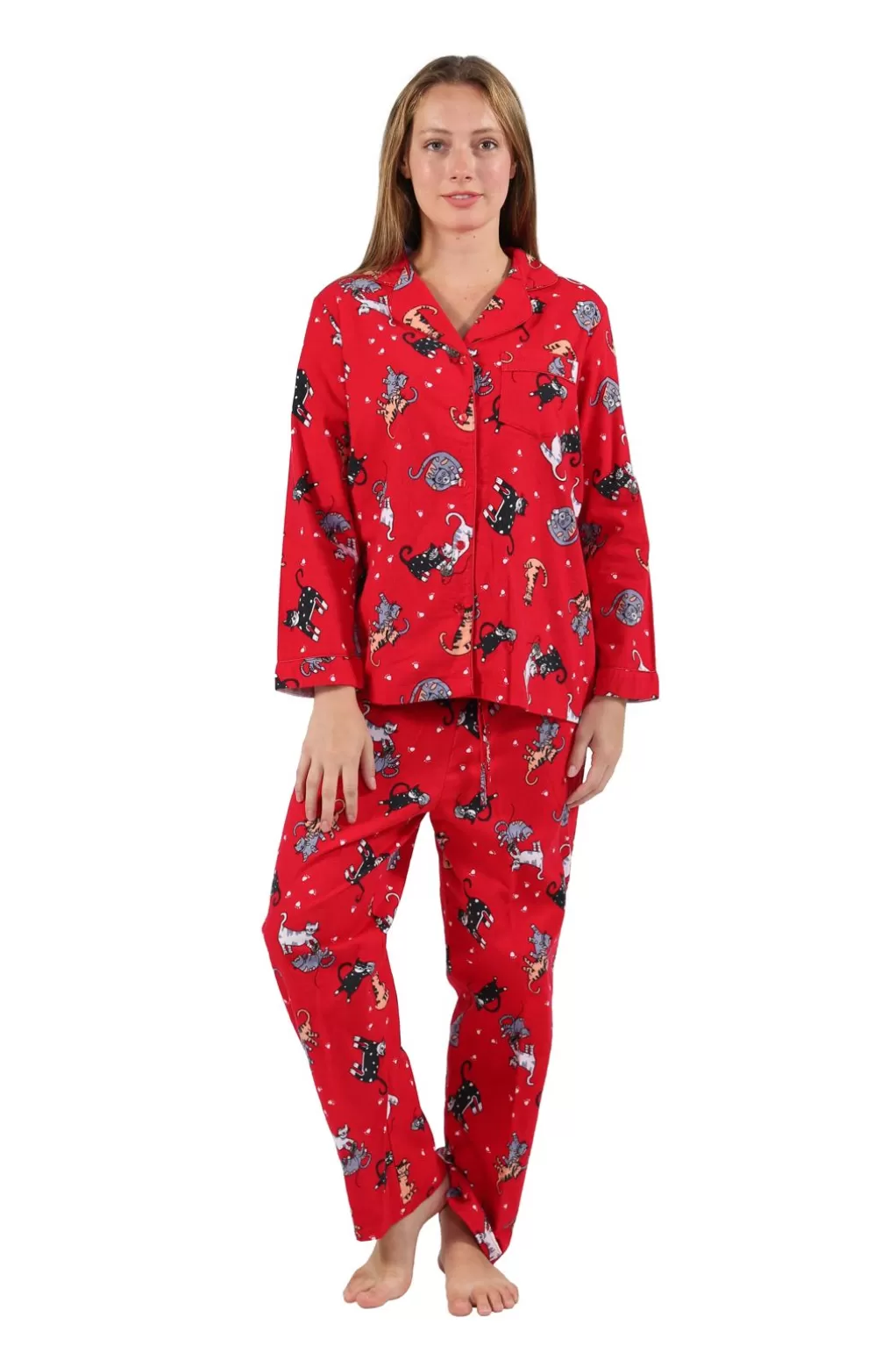 La Cera™ Flannel Cat Print Pajama Set