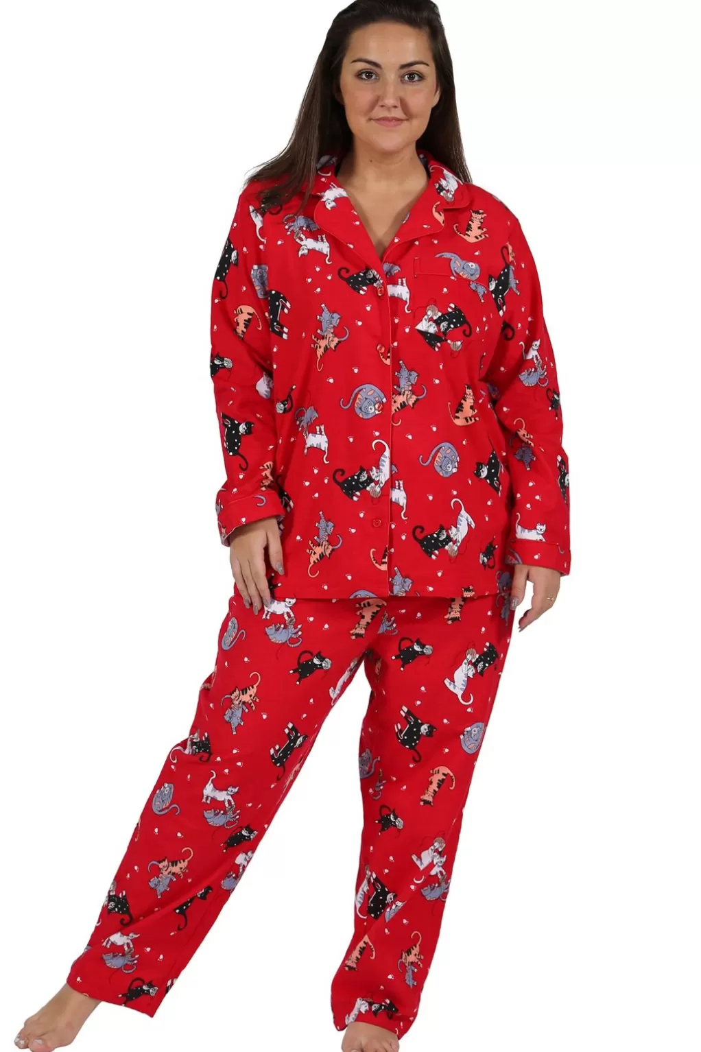 La Cera™ Flannel Cat Print Plus Size Pajama Set