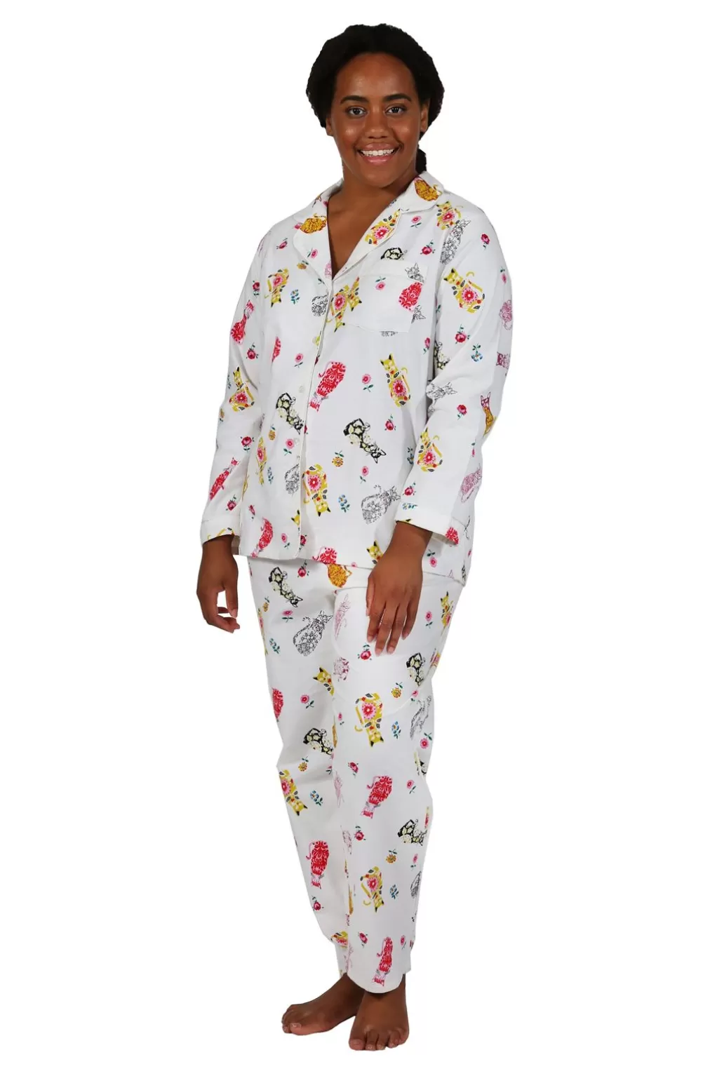 La Cera™ Flannel Cat Print Plus Size Pajama Set