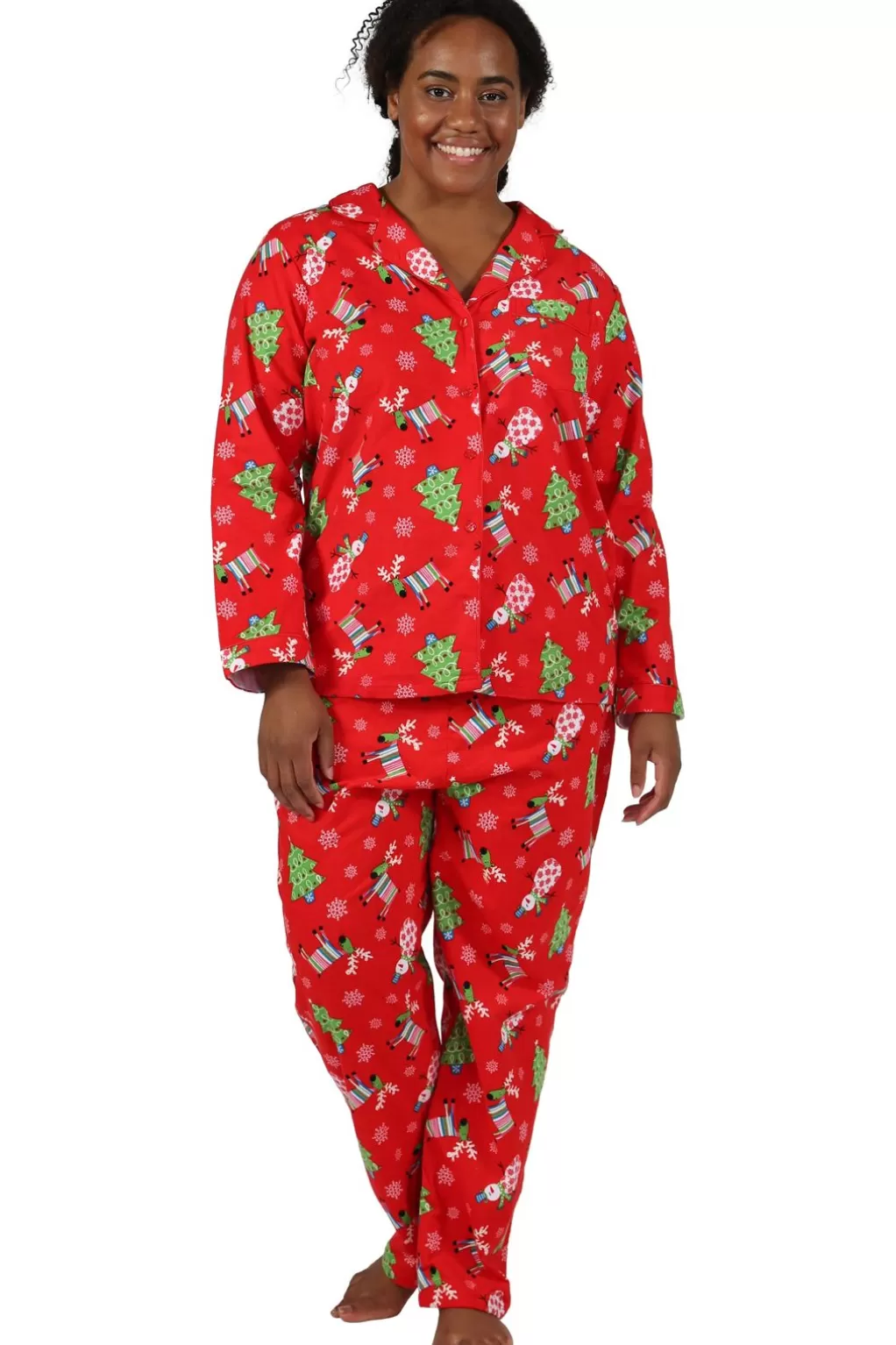La Cera™ Flannel Reindeer Print Plus Size Pajama Set