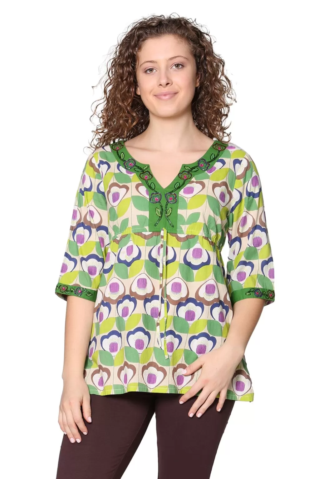 La Cera™ Green Floral Cotton Voile Embroidered Tunic