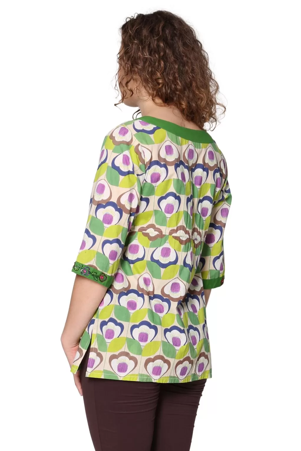 La Cera™ Green Floral Cotton Voile Embroidered Tunic