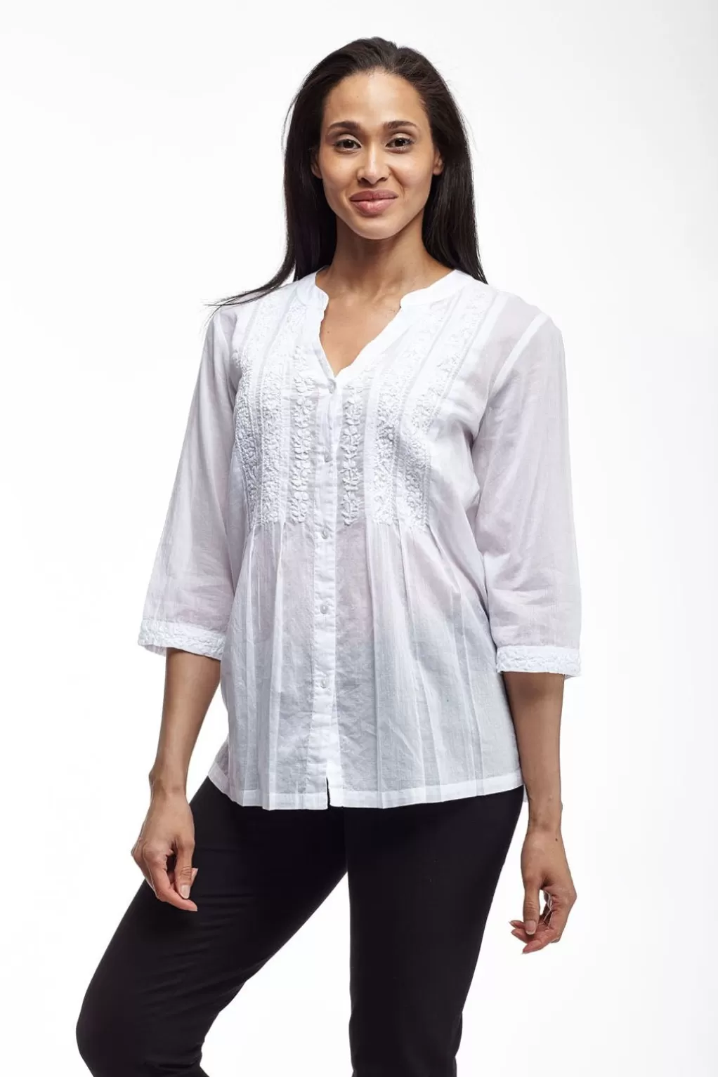 La Cera™ La Cera 100% Cotton Button Front Embroidered Top