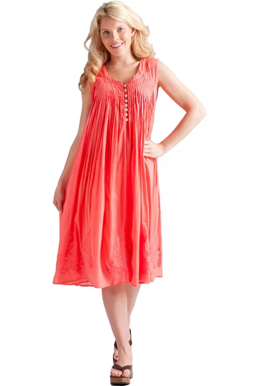 La Cera™ La Cera 100% Cotton Sleeveless Dress With Hem Embroidery