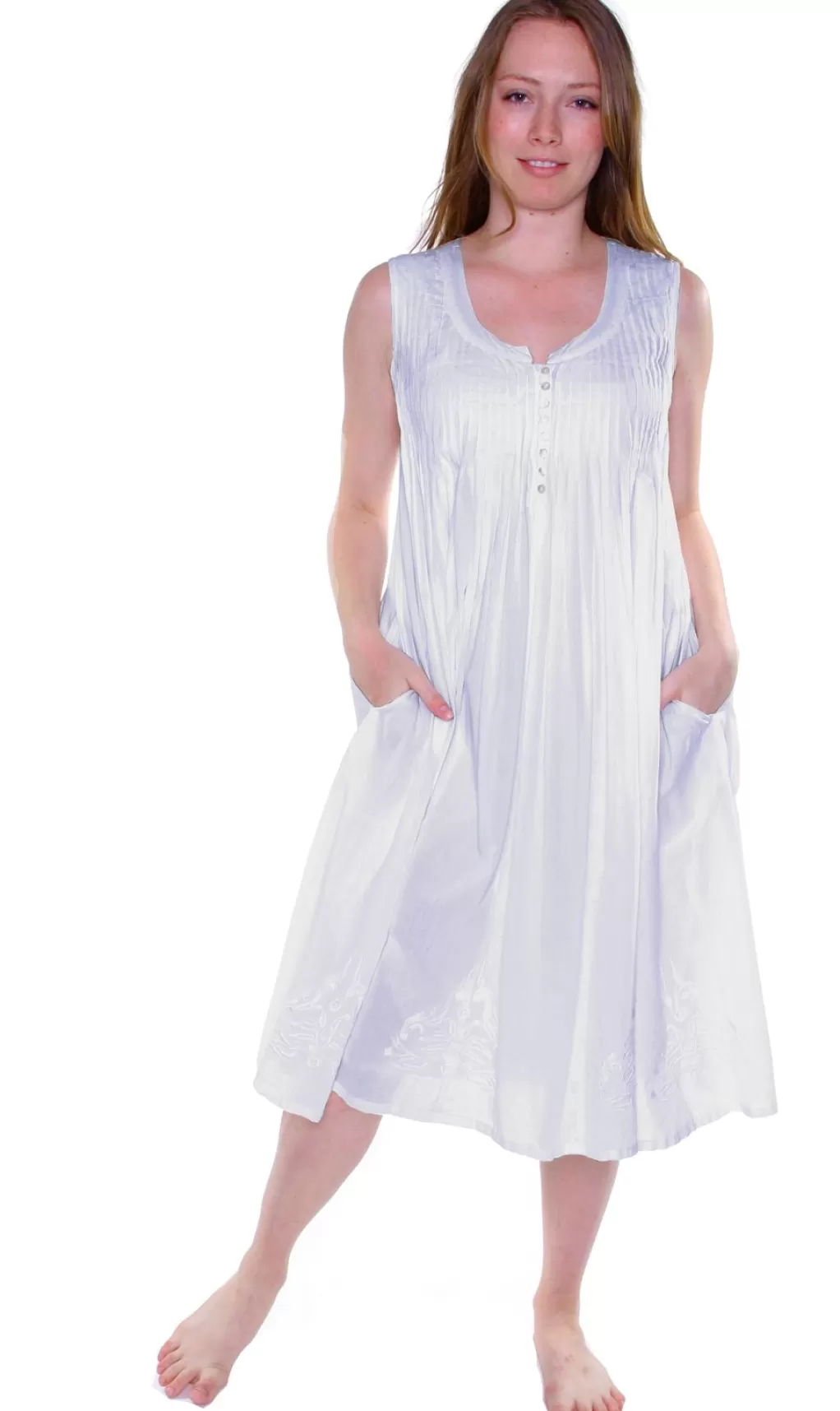 La Cera™ La Cera 100% Cotton Sleeveless Dress With Hem Embroidery