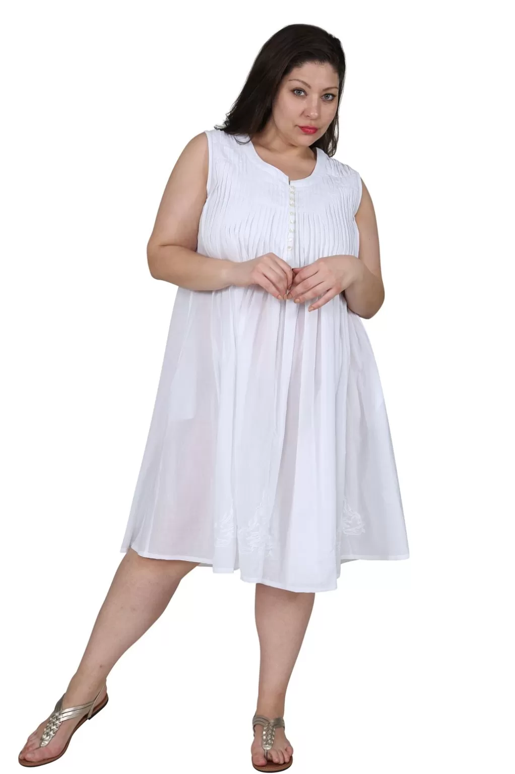La Cera™ La Cera 100% Cotton Sleeveless Dress With Hem Embroidery - Plus Size