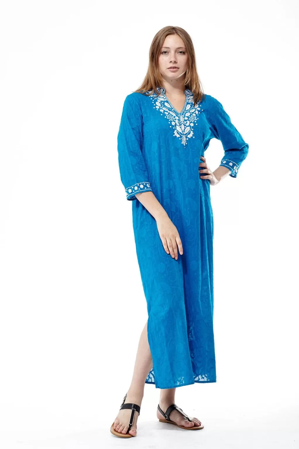 La Cera™ La Cera 3/4 Quarter Length Sleeve Embroidered Caftan