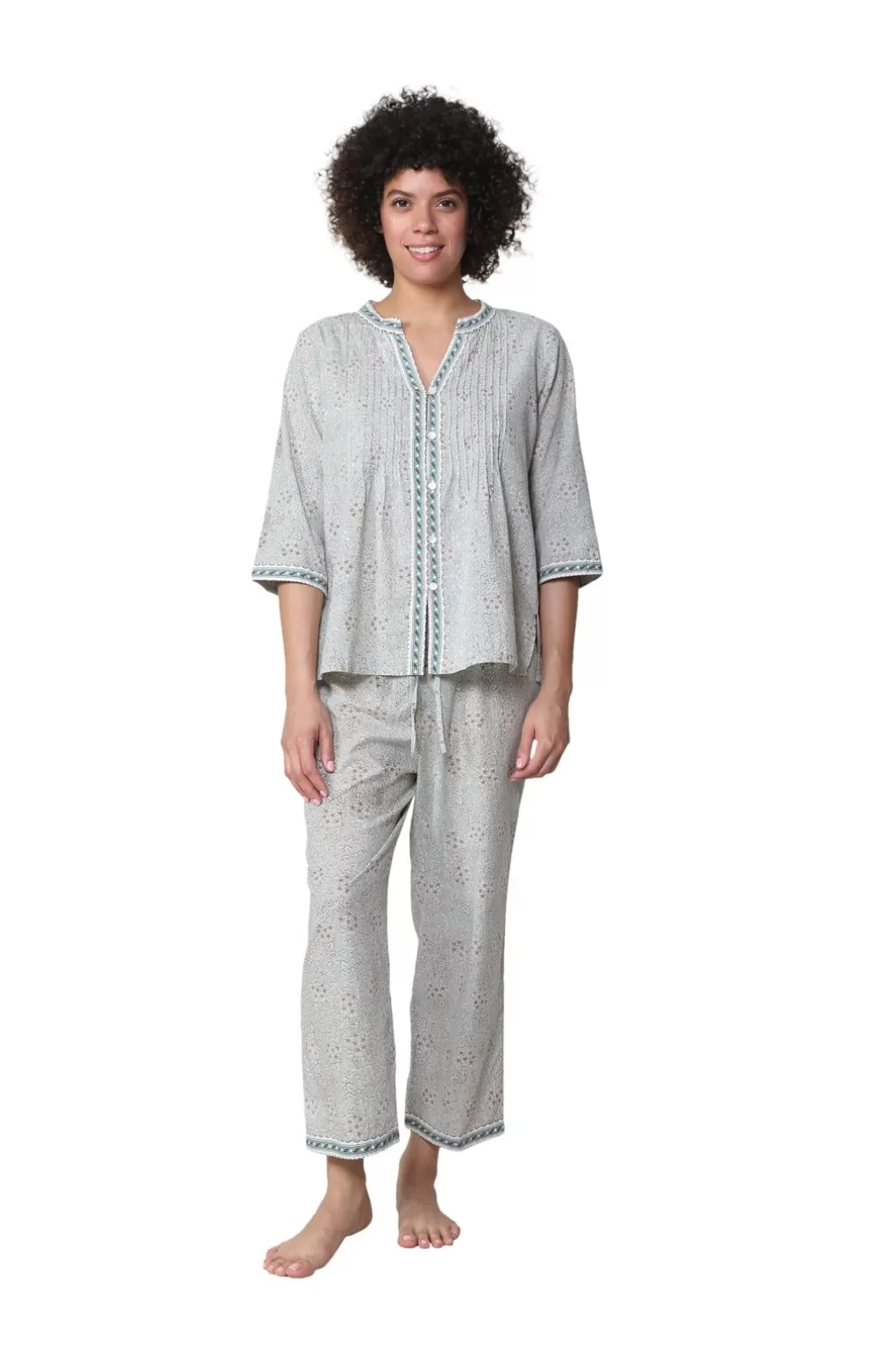 La Cera™ La Cera 3/4 Sleeve Pleat Front Capri Pajama Set