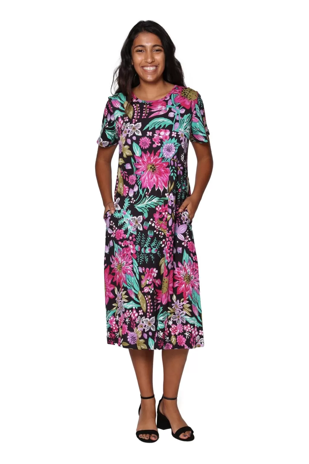 La Cera™ La Cera Black And Fuchsia A-Line Knit Dress