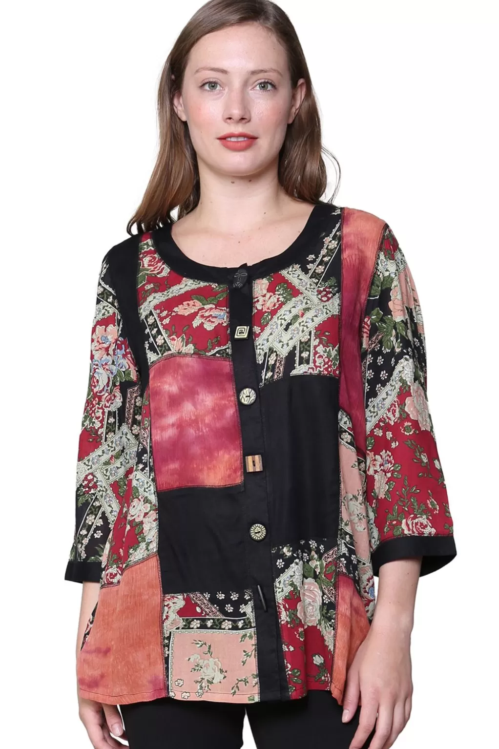 La Cera™ La Cera Black And Red Patchwork Top