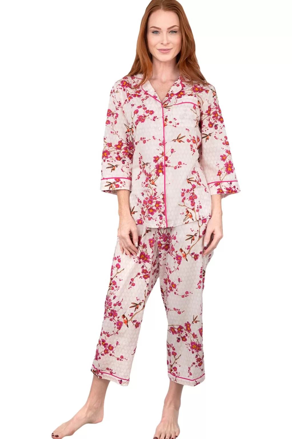 La Cera™ La Cera Cherry Blossom 3/4 Sleeve Cotton Pajama Set
