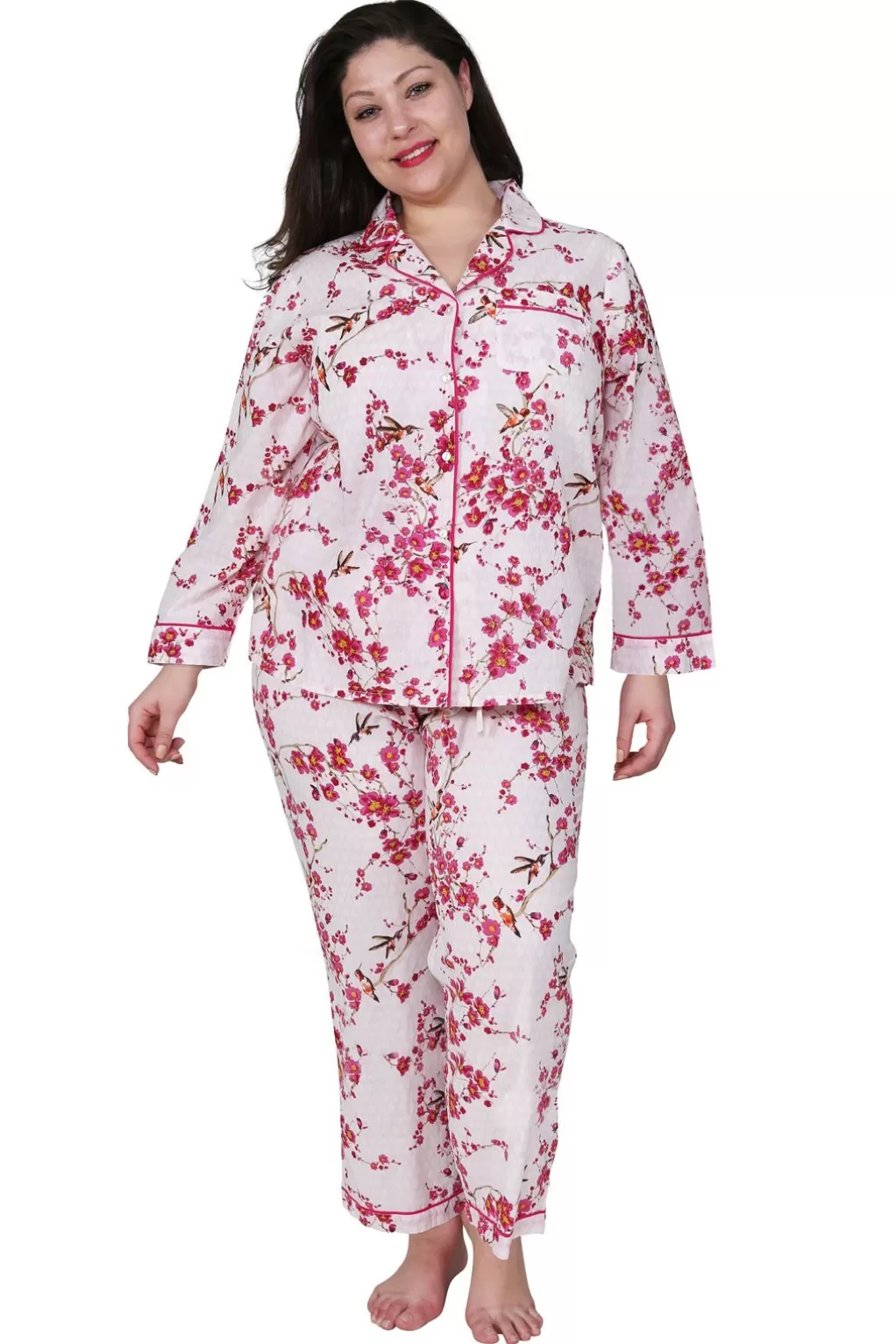 La Cera™ La Cera Cherry Blossom 3/4 Sleeve Cotton Pajama Set - Plus Size