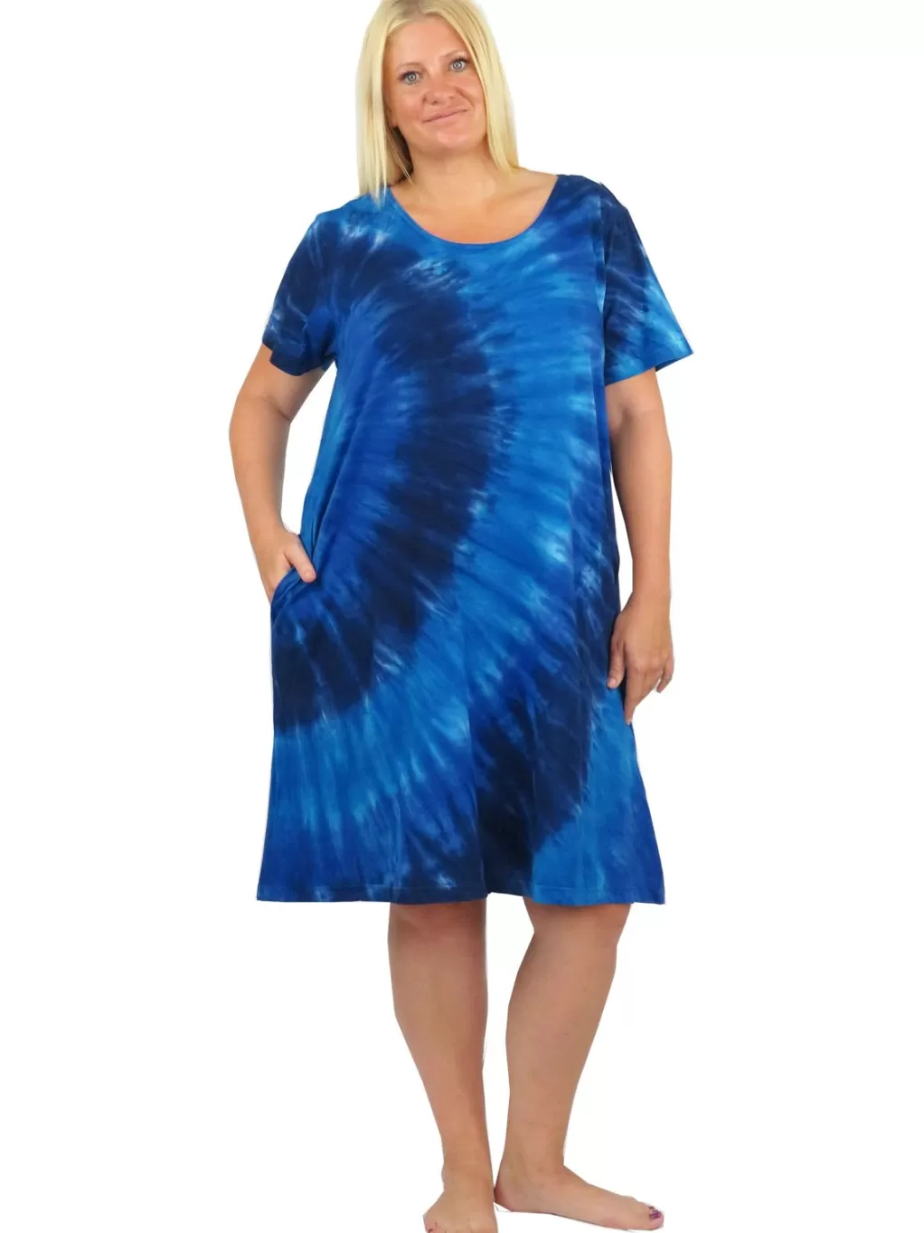 La Cera™ La Cera Cotton Knit Short Sleeve Denim Blue Tie-Dye Dress - Plus Size