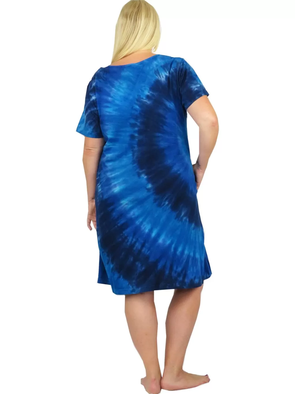 La Cera™ La Cera Cotton Knit Short Sleeve Denim Blue Tie-Dye Dress - Plus Size