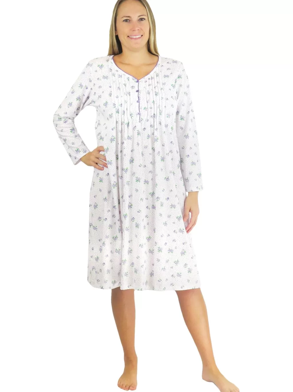 La Cera™ La Cera Lilac Floral Print Cotton Knit Gown
