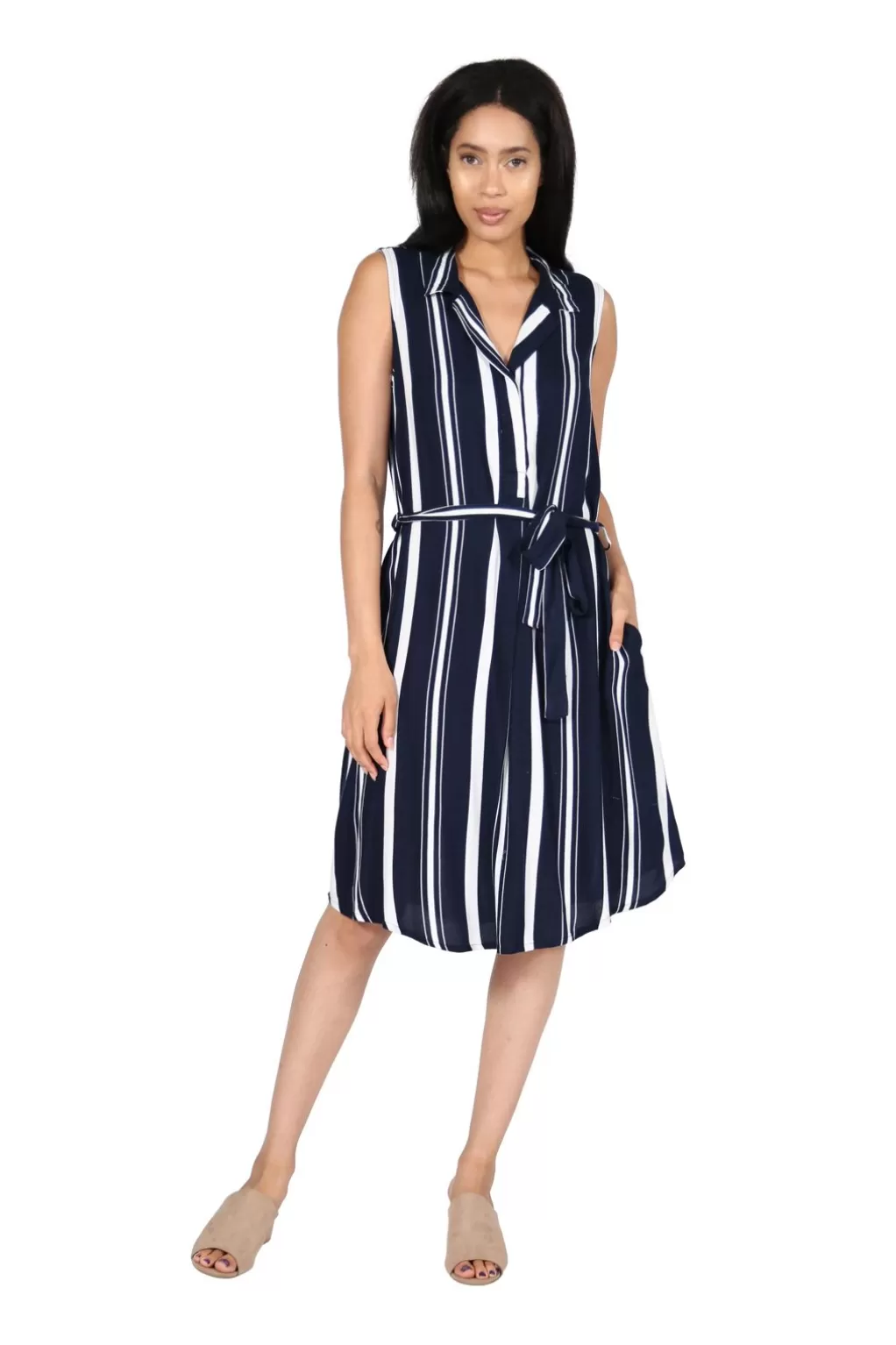 La Cera™ La Cera Navy Stripe Belted Rayon Dress