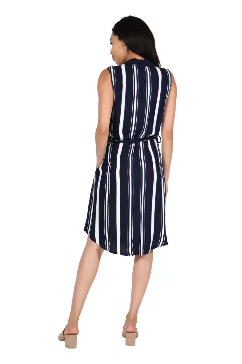 La Cera™ La Cera Navy Stripe Belted Rayon Dress
