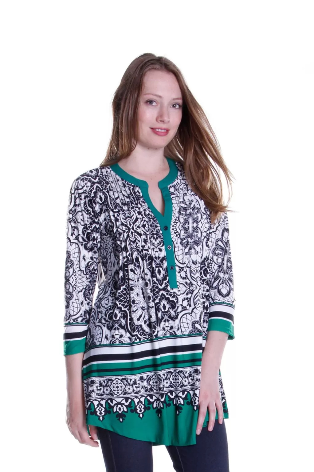 La Cera™ La Cera Pleat Front Printed Tunic Black And Green