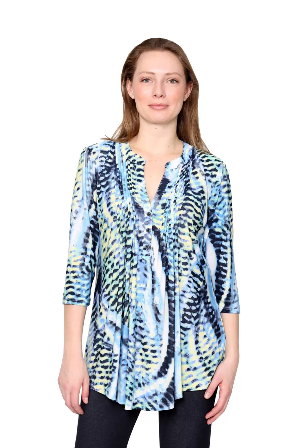 La Cera™ La Cera Pleat Front Printed Tunic Blue Yellow