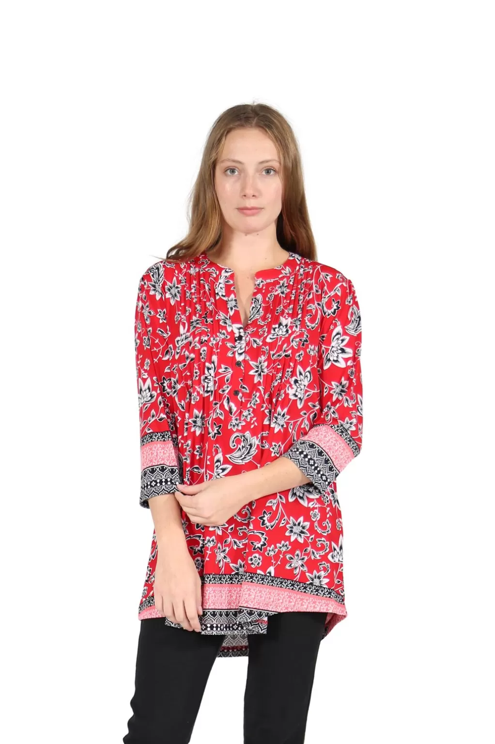 La Cera™ La Cera Pleat Front Printed Tunic With Border Print