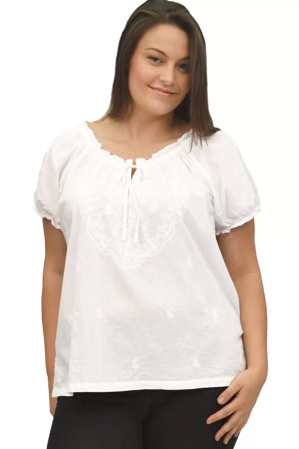La Cera™ La Cera Plus Size Embroidered Short Sleeve Peasant Top