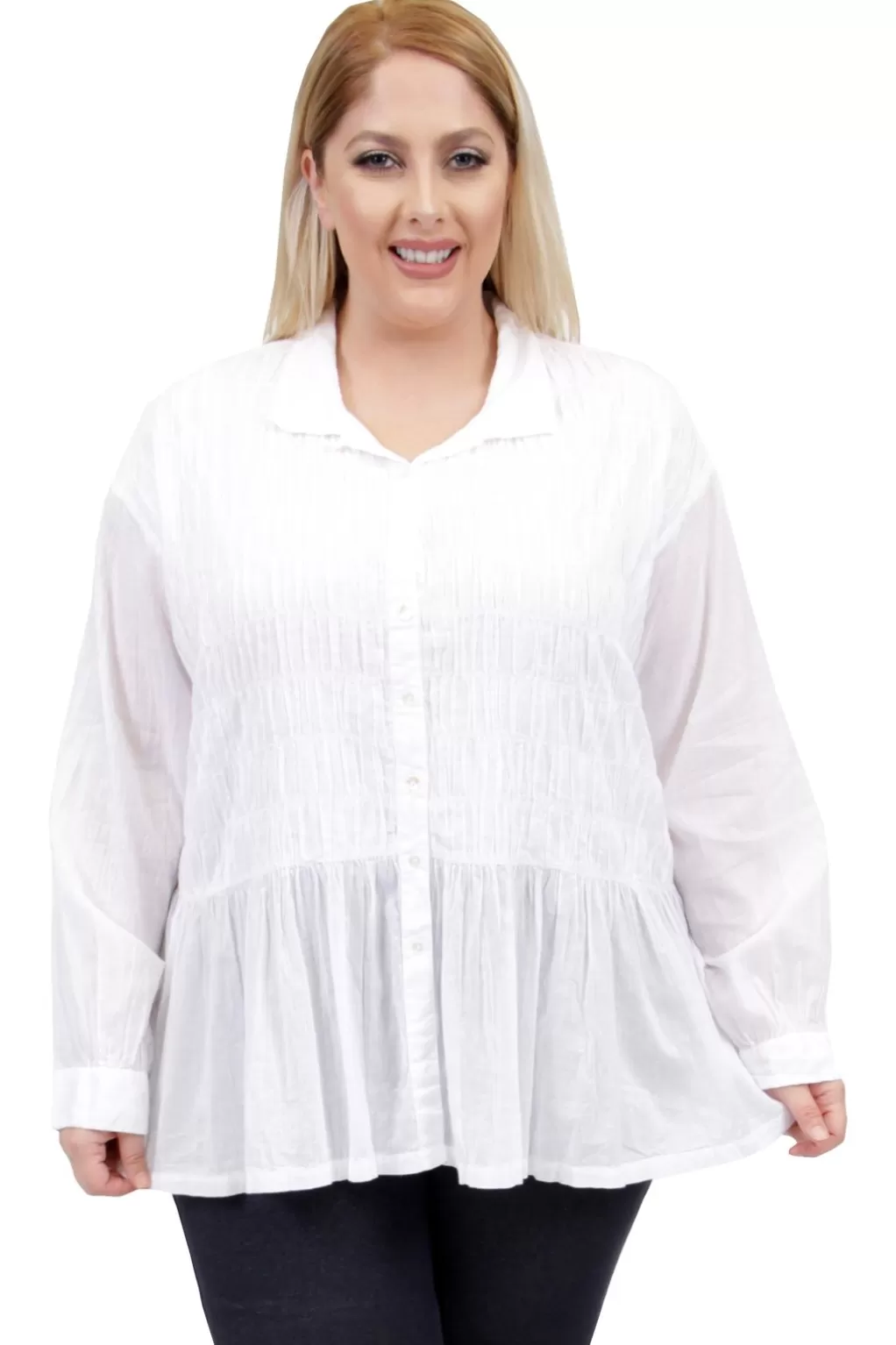 La Cera™ La Cera Plus Size Puckered Button-Up Top