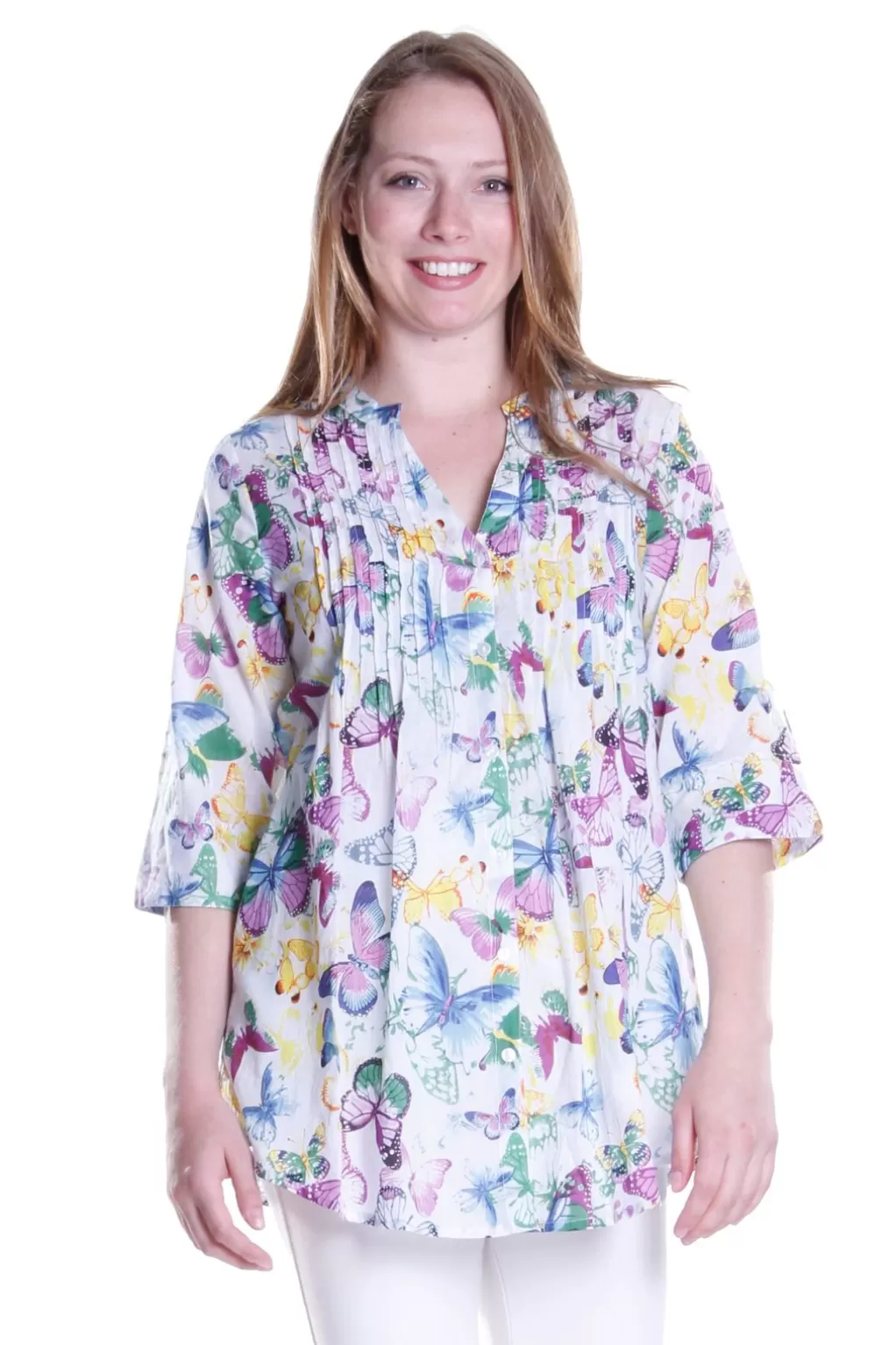 La Cera™ La Cera Rainbow Butterfly Print Pleated Tunic
