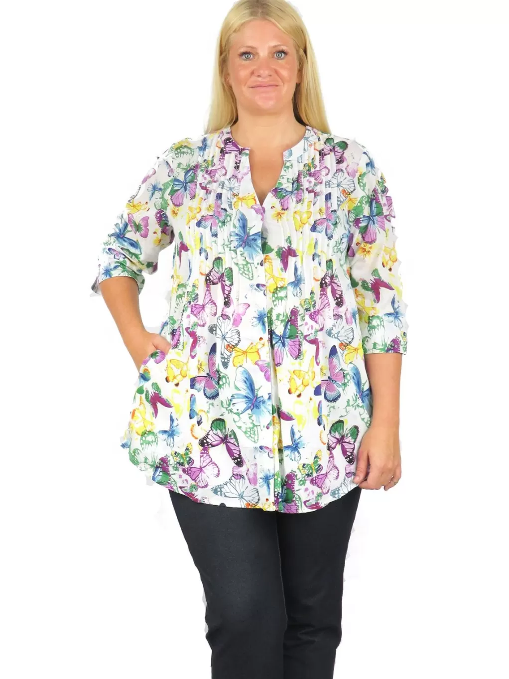 La Cera™ La Cera Rainbow Butterfly Print Pleated Tunic - Plus Size