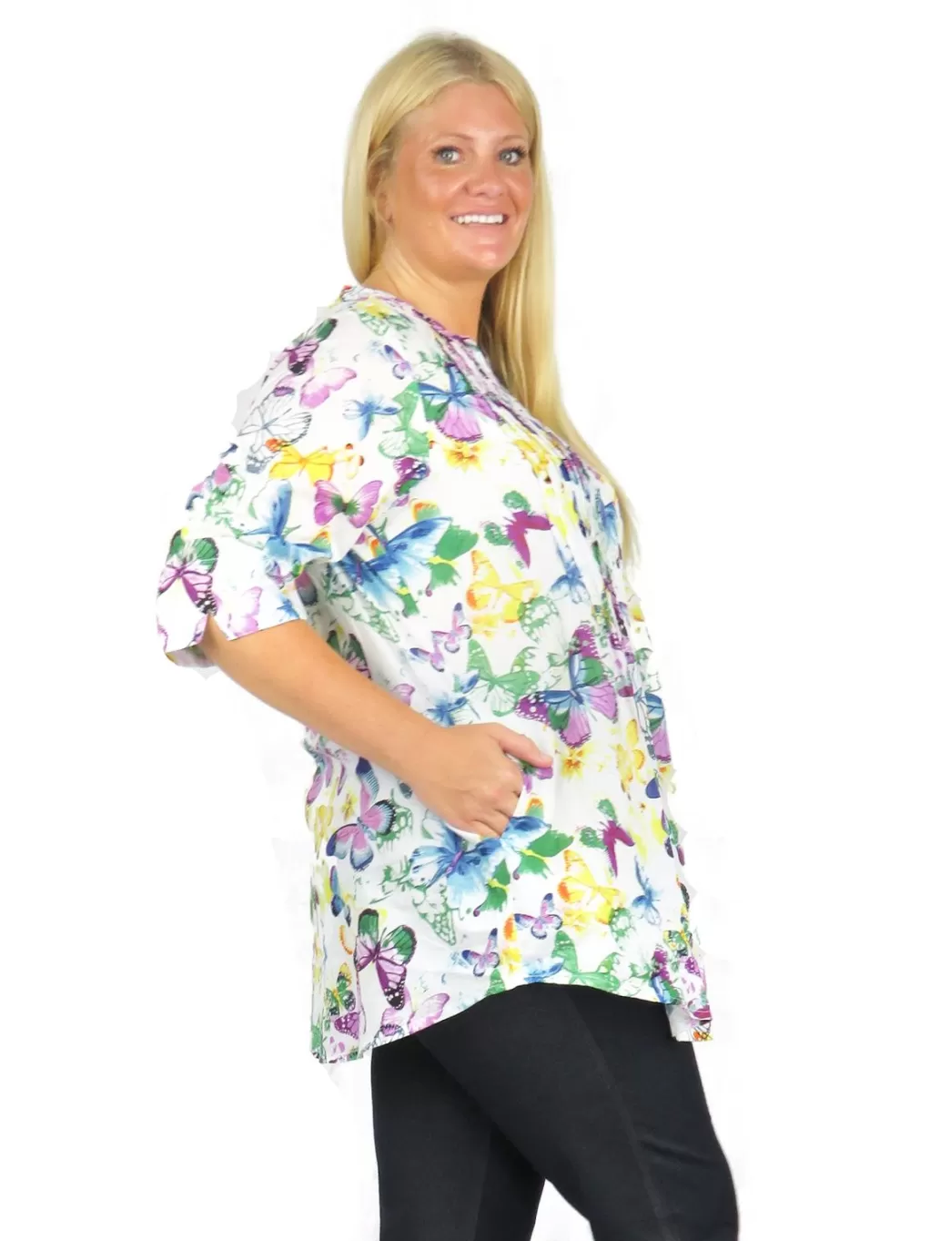 La Cera™ La Cera Rainbow Butterfly Print Pleated Tunic - Plus Size