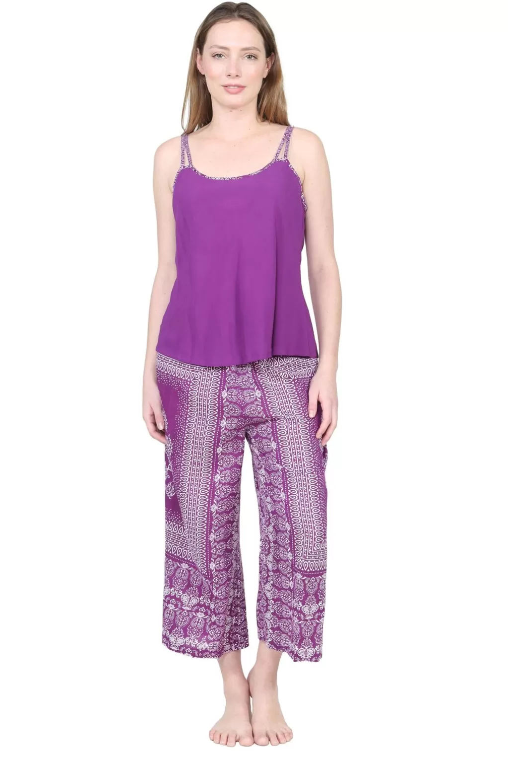 La Cera™ La Cera Rayon Purple And White Printed Capri Pajamas