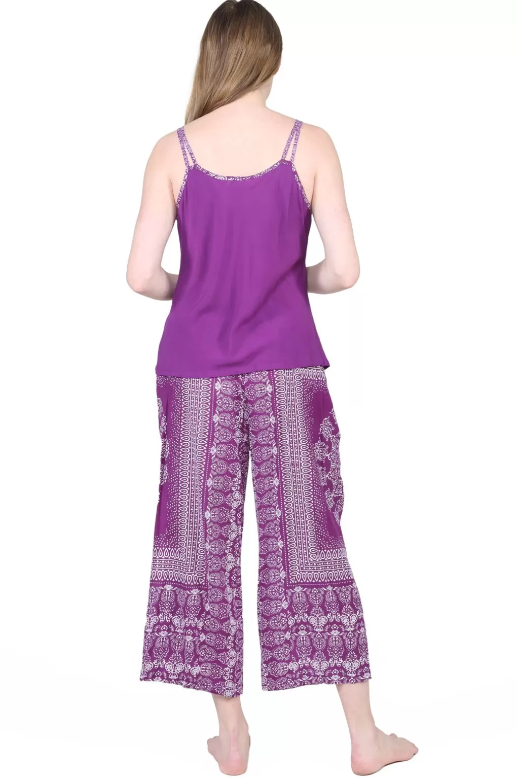 La Cera™ La Cera Rayon Purple And White Printed Capri Pajamas