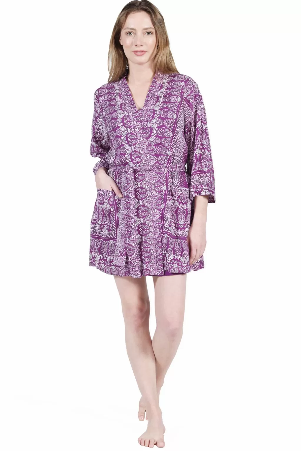 La Cera™ La Cera Rayon Purple And White Printed Robe