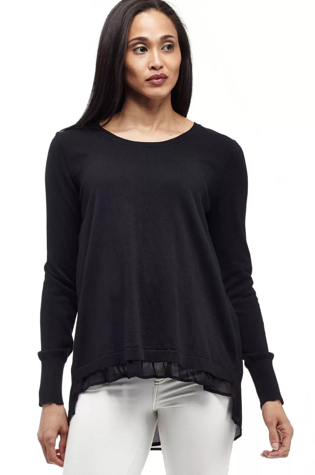 La Cera™ La Cera Rounded Neck Sweater Top With Georgette Back