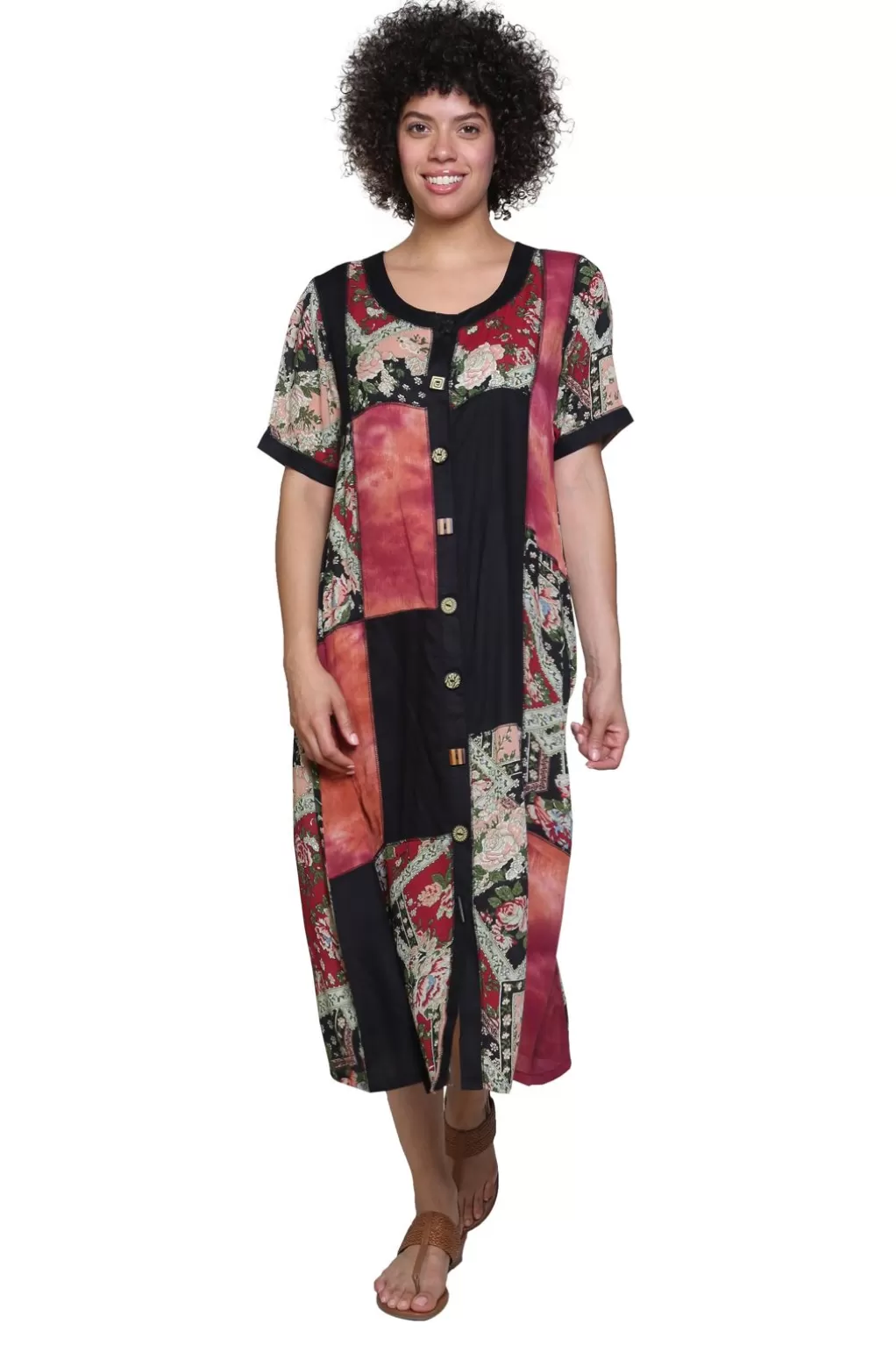 La Cera™ La Cera Rust Short-Sleeve Patchwork Dress