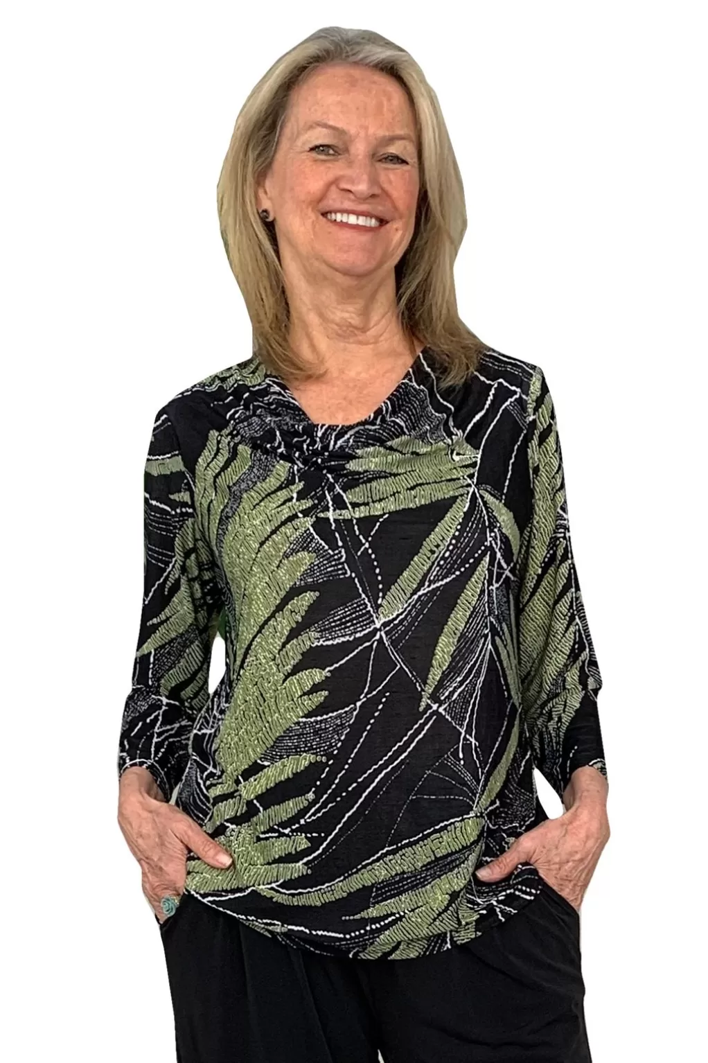 La Cera™ La Cera Savannah Palm Print Cowl Neck Top