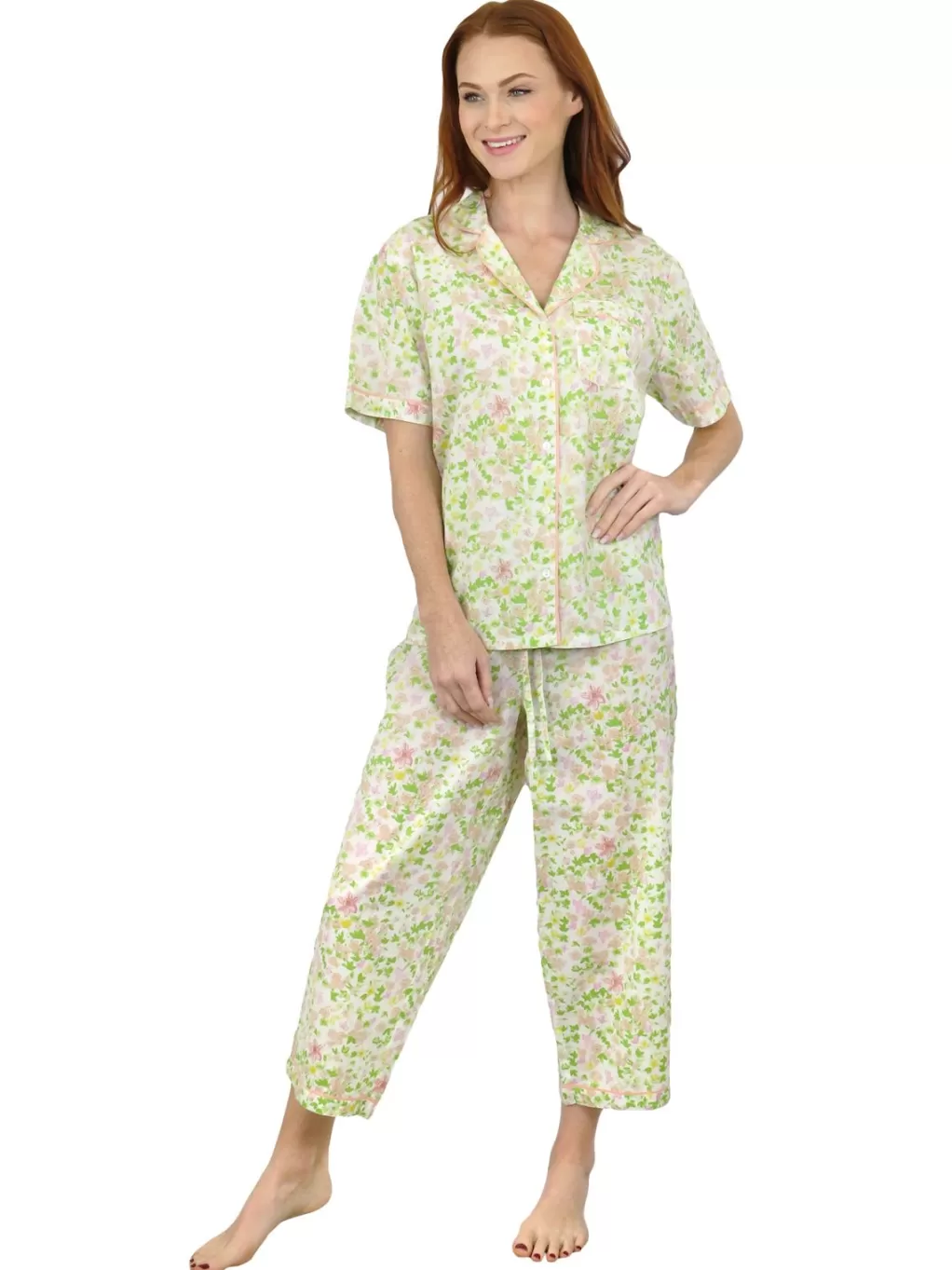 La Cera™ La Cera Short Sleeve Lime Floral Cotton Pajama Set